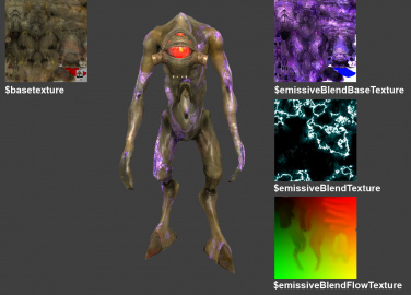 The makeup of the $emissiveblend effect on the Vortigaunt model. $detail has been disabled for better visibility.