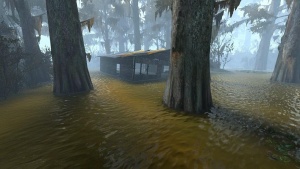 In-game screenshot of Left 4 Dead 2, running on Left 4 Dead engine branch, with one of it's new features, flowing water ↓, shown on this screenshot.