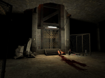 The final goal of the chapter - the lift to the surface. At first it is illuminated by the lamp. Later, with lights off, the arriving lift itself will stand out in the darkness.